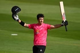 Ali Orr of Sussex celebrates a century during the Royal London One Day Cup match between Somerset and Sussex in 2022 | Photo by Harry Trump/Getty Images