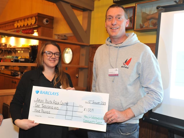 Judge Bex Bastable presents Arun Youth Aqua Centre £1,009 to purchase new sails and protective boat covers