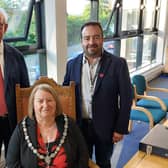 New Adur council chair Adrienne Lowe, centre, with leader Jeremy Gardner, left, and deputy leader Lee Cowen