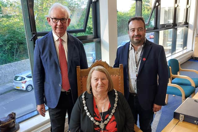 New Adur council chair Adrienne Lowe, centre, with leader Jeremy Gardner, left, and deputy leader Lee Cowen