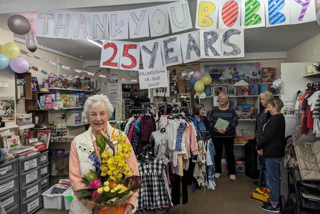 Bobby Hitchin in the Samaritans shop in Strand Parade, celebrating her 25th anniversary as a volunteer for the Samaritans in Worthing