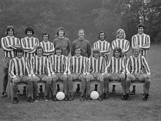 The Brighton And Hove Albion team ahead of the 1972-73 season. From left to right (back row) Ian Goodwin, Kit Napier, Stewart Henderson, Alan Dovey, Brian Powney, Brian Bromley, John Templeman and John Napier; (front row) Bert Murray, Norman Gall, Willie Irvine, Ken Beamish, Bertie Lutton, Peter O'Sullivan and Eddie Spearritt.