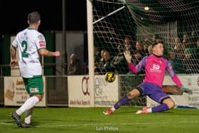 Sam De St Croix scores Bognor's second - which proved the winner -against Bowers and Pitsea at Nyewood Lane | Picture: Lyn Phillips