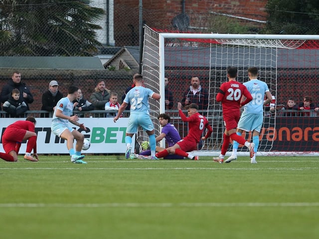 Worthing v Eastbourne Borough in action at Woodside Road on Boxing Day