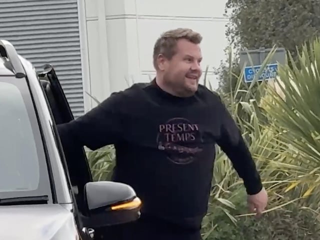 James Corden spotted whilst filming in Eastbourne's Sovereign Harbour. // James Corden falls into the harbour filming for new Apple TV comedy series 'The Choir' with Ruth Jones.