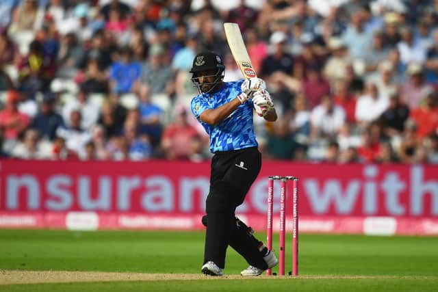 Ravi Bopara of Sussex Sharks plays a shot during the Semi-Final of the Vitality T20 Blast match between Kent Spitfires and Sussex Sharks at Edgbaston in 2021 (Photo by Harry Trump/Getty Images)