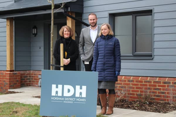 From left: Horsham District Council (HDC) Cabinet Member for Housing and Public Protection Cllr Tricia Youtan , HDC Head of Community Services Rob Jarvis and HDC Chief Executive Jane Eaton at one of the new family home