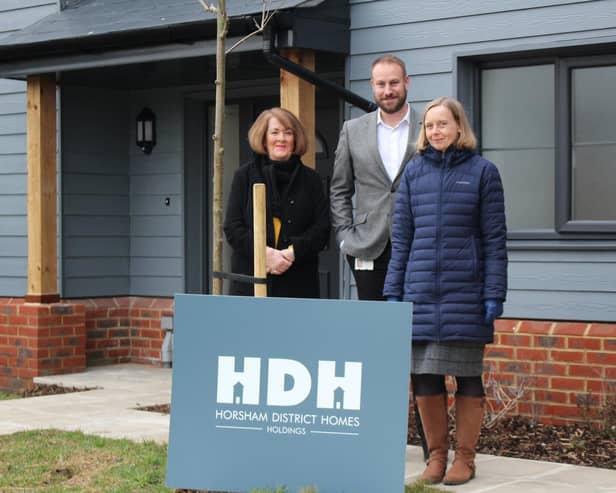 From left: Horsham District Council (HDC) Cabinet Member for Housing and Public Protection Cllr Tricia Youtan , HDC Head of Community Services Rob Jarvis and HDC Chief Executive Jane Eaton at one of the new family home