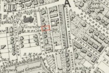 Historic map of 1879 showing the site in red.
