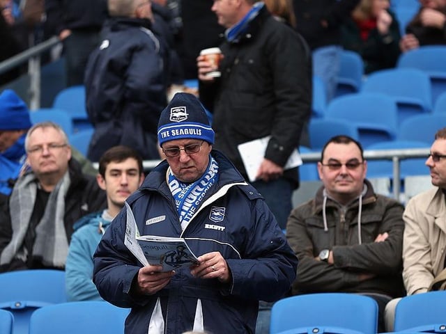 A Brighton & Hove Albion fan attends the FA Cup with Budweiser Third Round match between Brighton & Hove Albion and Newcastle United at the Amex Stadium on January 5, 2013.