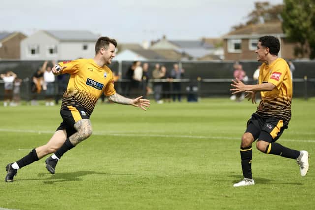 Remember when Littlehampton Town played a game? George Gaskin is pictured after scoring the winner at home to Beckenham - one of only three league games thay have played so far | Picture: Martin Denyer