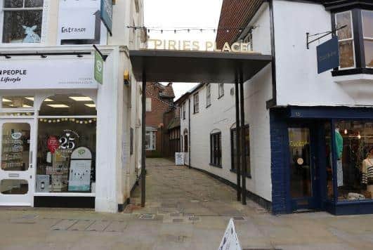Horsham's Carfax entrance to Piries Place where it is proposed to create an illuminated archway. Another is planned for Stan's Way