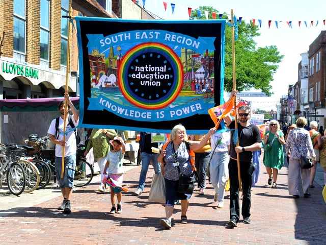The National Education Union held a march and rally past the Secretary of State for Education’s Office in Chichester and on to County Hall. SR2307072 Photo by S Robards/Sussex World