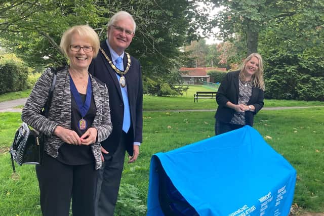Haywards Heath town mayor Howard Mundin, consort Margaret Baker and Mid Sussex MP Mims Davies getting ready to unveil the new bench