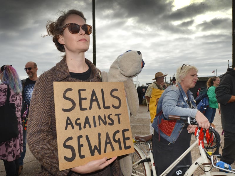 Protest outside Southern Water's Your Water Matters event in Hastings Old Town on October 12 2023.