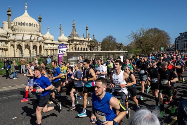 Participants run past the Royal Pavilion in mile four during The Brighton Marathon on Sunday 7th April 2024.Photo: Andrew Baker for London Marathon EventsFor further information: media@londonmarathonevents.co.uk:Images from the 2024 Brighton Marathon
