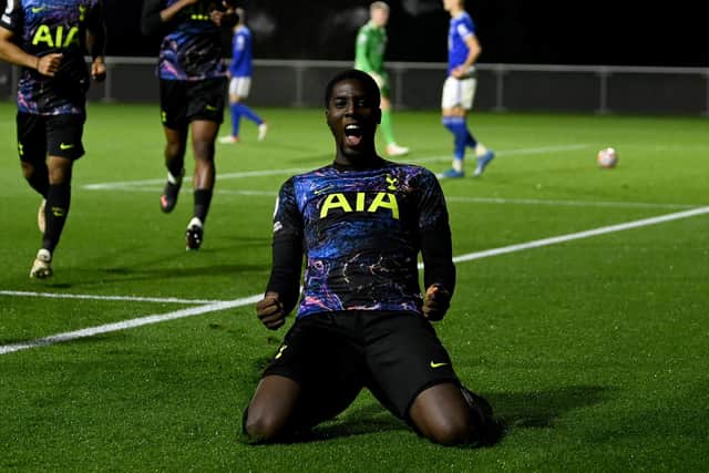 Tobi Omole celebrates a goal for Tottenham. (Photo by Ross Kinnaird/Getty Images)