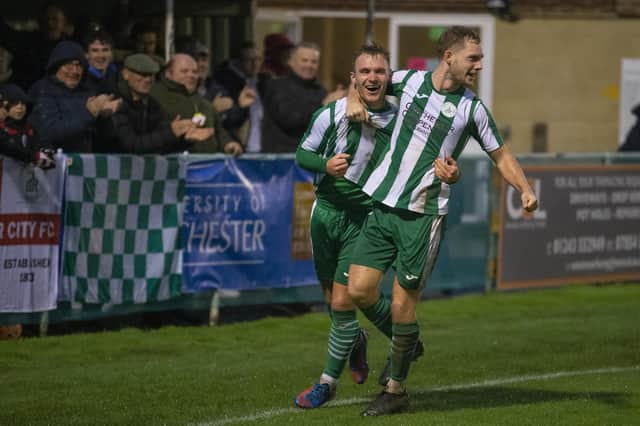 Chichester City celebrate taking the lead in their home clash with Sittingbourne | Picture: Neil Holmes