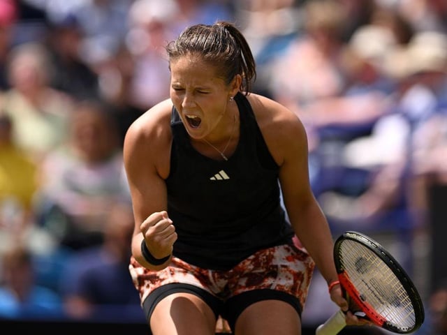 EASTBOURNE, ENGLAND - JULY 01: Daria Kasatkina celebrates a point against Madison Keys of United States during the Women's Singles Final match on Day Eight of Rothesay International Eastbourne at Devonshire Park on July 01, 2023 in Eastbourne, England. (Photo by Justin Setterfield/Getty Images):Action from Saturday's finals at the Rothesay tennis international at Devonshire Park, Eastbourne