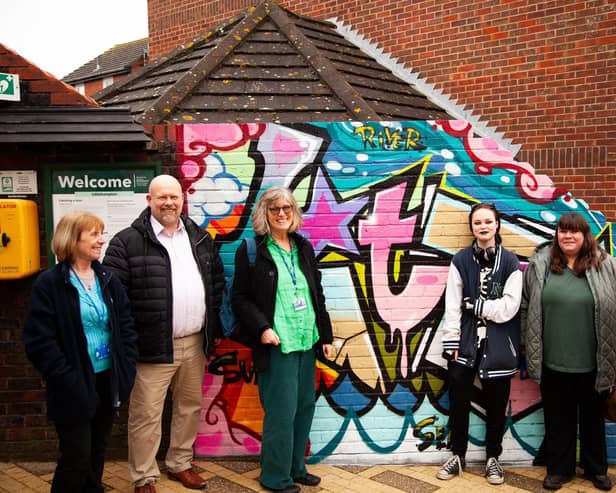 Now You See Me art exhibition at Littlehampton Station. Left to rightRowena Taylor, Community Rail PartnershipClinton Groves, Acting Head, West Sussex APCChristine Wiltshire, River ward councillor, Arun District CouncilCai, participating student from West Sussex APCKatherine Lock, Pastoral Lead West Sussex APCBeccy East, Placemaking Creative Producer, Artswork