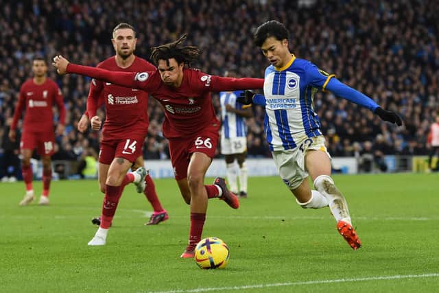 Kaoru Mitoma, who has burst onto the scene for Brighton this scene and impressed for Japan during the World Cup, provided the assist for Solly March’s opener on Saturday against Liverpool. (Photo by John Powell/Liverpool FC via Getty Images)
