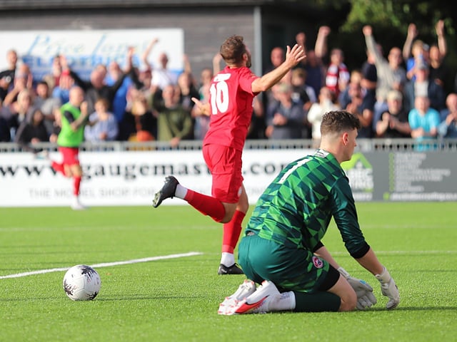 National League South action at Woodside Road between Worthing and Truro City