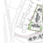 The proposed development is shown bordered in red together with a previously approved development to its south bordered in blue. Image: Wealden District Council