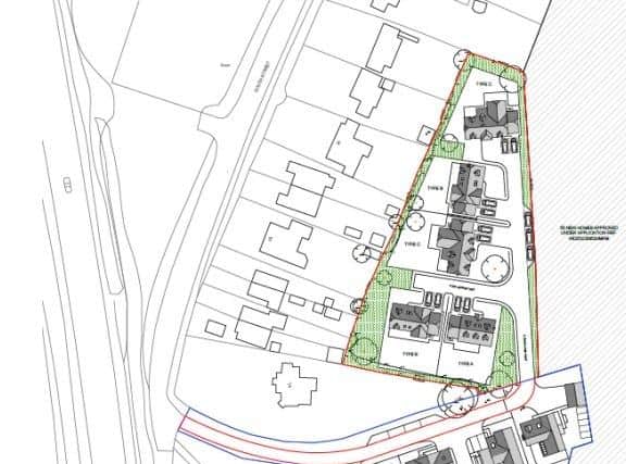 The proposed development is shown bordered in red together with a previously approved development to its south bordered in blue. Image: Wealden District Council