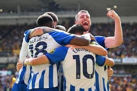 Adam Webster of Brighton & Hove Albion celebrates after team mate Solly March scored the team's fourth goal during the Premier League match at Wolves