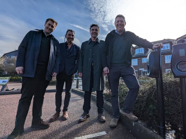 Lewes District Council introduces more than 60 new electric vehicle charging points.
Tom Heagerty from Connected Kerb; Councillor Johnny Denis, Cabinet Member for Customers and Communities; Councillor Matthew Bird, Cabinet Member for Sustainability; Councillor James MacCleary, Leader of Lewes District Council.
