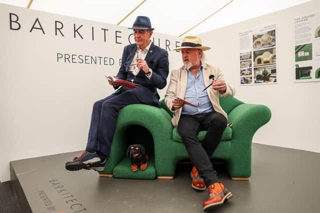 Kevin McCloud and Bill Bailey during the Barkitecture judging at Goodwoof.