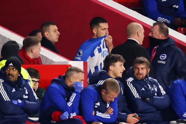 Lewis Dunk of Brighton & Hove Albion reacts after being shown a red card at Nottingham Forest (Photo by Marc Atkins/Getty Images)