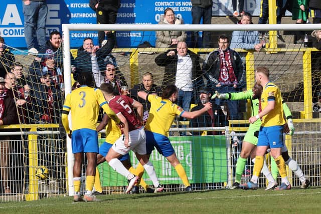 Craig Stone puts Hastings United ahead at Canvey | Picture: Scott White