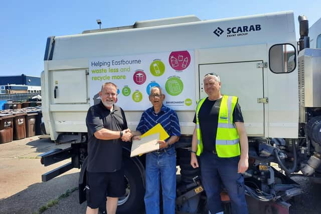 John Sinclair (middle) with Environment First's service manager Walter Ferguson (left) and supervisor Richard Westgate (right). Picture from Eastbourne Borough Council