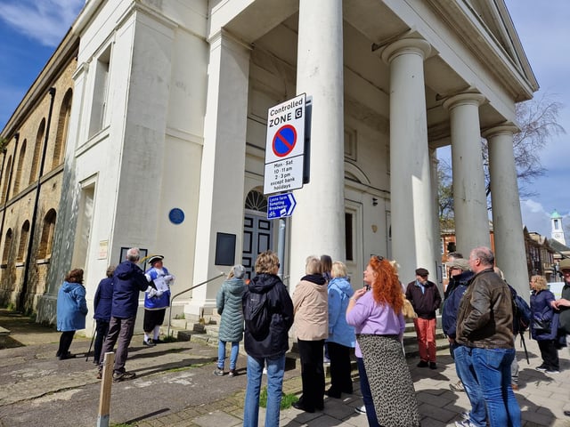 Worthing town crier Bob Smytherman launched his new walk on Tuesday, April 2, followed by afternoon tea at Worthing Town Hall to raise money for the mayor's charities, Broadwater Support Group and Community Hub, CYCALL inclusive cycling and the Parkinson's UK Worthing and Washington Group. Using information provided by The Worthing Society, Bob led a group of around 20 people on a three-hour walk around the town centre and seafront, giving many stories of the area's history en route.