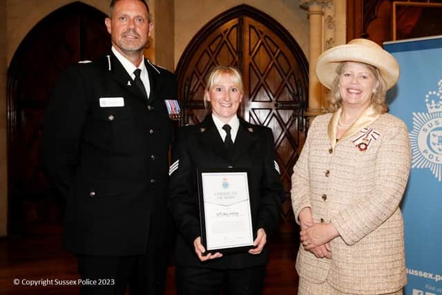 Assistant Chief Constable Howard Hodges, Acting Sergeant Amy Hickling and Lord-Lieutenant Lady Emma Barnard. Photo: Police