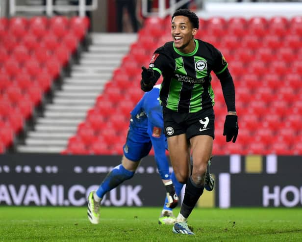 STOKE ON TRENT, ENGLAND - JANUARY 06: Joao Pedro of Brighton & Hove Albion celebrates scoring his team's fourth goal during the Emirates FA Cup Third Round match between Stoke City and Brighton and Hove Albion at Bet365 Stadium on January 06, 2024 in Stoke on Trent, England. (Photo by Ben Roberts Photo/Getty Images)
