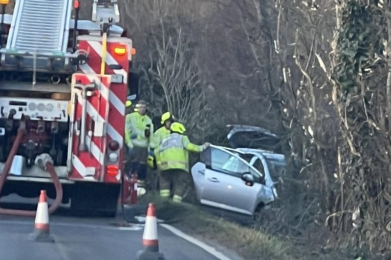 A photo taken on B2145 Selsey Road shows a car has left the road – and firefighters are assisting with the emergency response