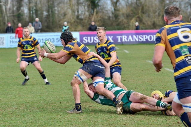 Action from Worthing Raiders' 59-12 win over Guernsey RFC at Roundstone Lane
