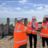 Environment Secretary Thérèse Coffey with Eastbourne MP Caroline Ansell by the wastewater treatment site. Picture from Mrs Ansell