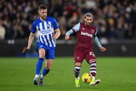 Said Benrahma of West Ham United and Adam Webster of Brighton & Hove Albion
