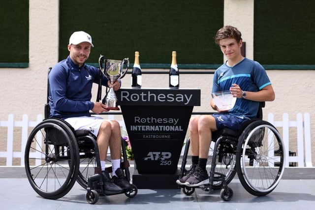 EASTBOURNE, ENGLAND - JULY 01: Andy Lapthorne of Great Britain celebrates winning his men's singles wheelchair final against Gregory Slade of Great Britain during Day Eight of the Rothesay International Eastbourne at Devonshire Park on July 01, 2023 in Eastbourne, England. (Photo by Charlie Crowhurst/Getty Images for LTA):Action from Saturday's finals at the Rothesay tennis international at Devonshire Park, Eastbourne