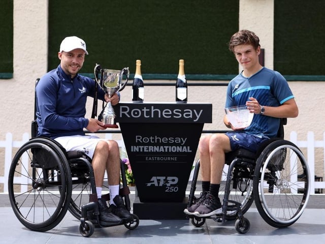 EASTBOURNE, ENGLAND - JULY 01: Andy Lapthorne of Great Britain celebrates winning his men's singles wheelchair final against Gregory Slade of Great Britain during Day Eight of the Rothesay International Eastbourne at Devonshire Park on July 01, 2023 in Eastbourne, England. (Photo by Charlie Crowhurst/Getty Images for LTA):Action from Saturday's finals at the Rothesay tennis international at Devonshire Park, Eastbourne