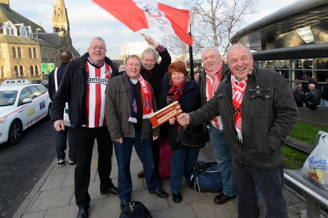 Sunderland AFC fans at Park Lane bus station in 2014, ready for the trip to Wembley for the Capital One Cup Final .