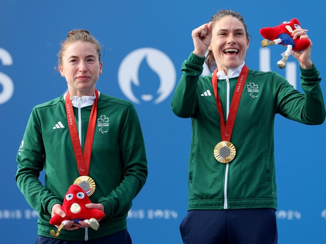 Gold medalist, Katie-George Dunlevy of Team Ireland poses for a photo on the podium after the Women's B Individual Time Trial on day seven of the Paris 2024 Summer Paralympic Games at on September 04, 2024 in Paris, France. (Photo by Michael Steele/Getty Images)