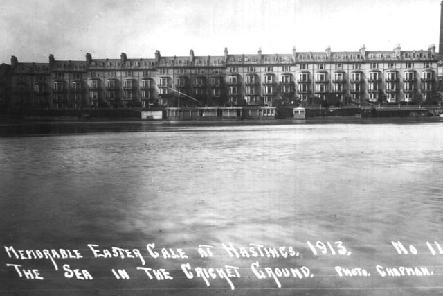 The sea flooded the cricket ground at Priory Meadow in the Easter storm of 1913
