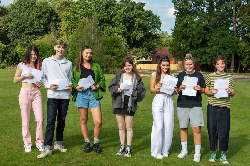 Bede's students Jana, Fearghus, Milly, Trinity, Lizzie, Lily and Grace with their A-level results