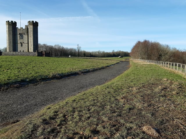 At the top, take care as you cross the track and head towards Hiorne Tower, which featured in Doctor Who.