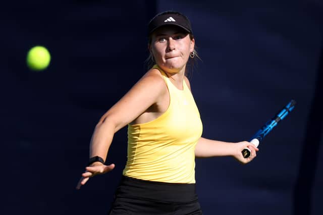 Ella McDonald of Great Britain in action during her womens singles qualifying match against Ana Bogdan of Romania on day one of the Rothesay International Eastbourne at Devonshire Park (Photo by Charlie Crowhurst/Getty Images for LTA) : Qualifiers at Eastbourne's Rothesay International