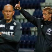 Brighton's English manager Graham Potter gestures on the touchline during the English League Cup third round football match between Preston North End and Brighton and Hove Albion at the Deepdale stadium.